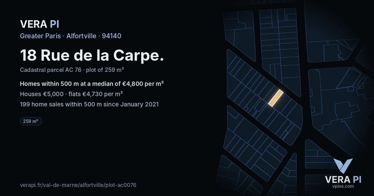 18 Rue de la Carpe, Alfortville at night – the plot lit, the parcels around coloured by the prices near them