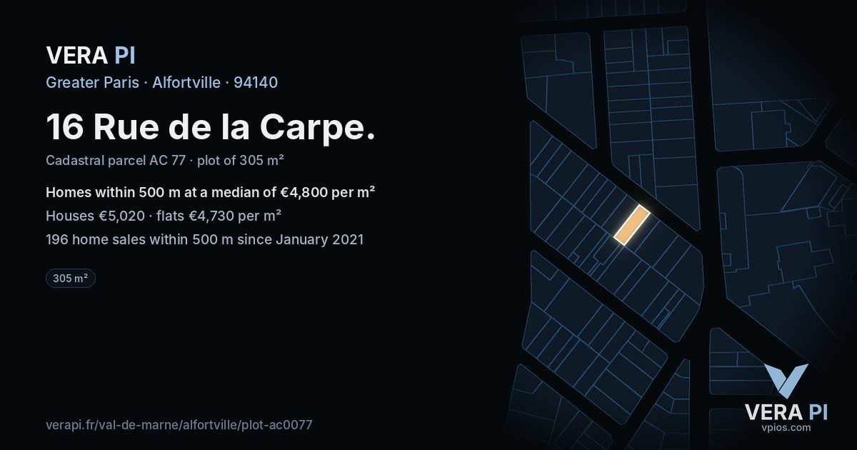16 Rue de la Carpe, Alfortville at night – the plot lit, the parcels around coloured by the prices near them