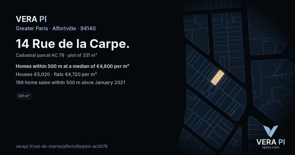 14 Rue de la Carpe, Alfortville at night – the plot lit, the parcels around coloured by the prices near them