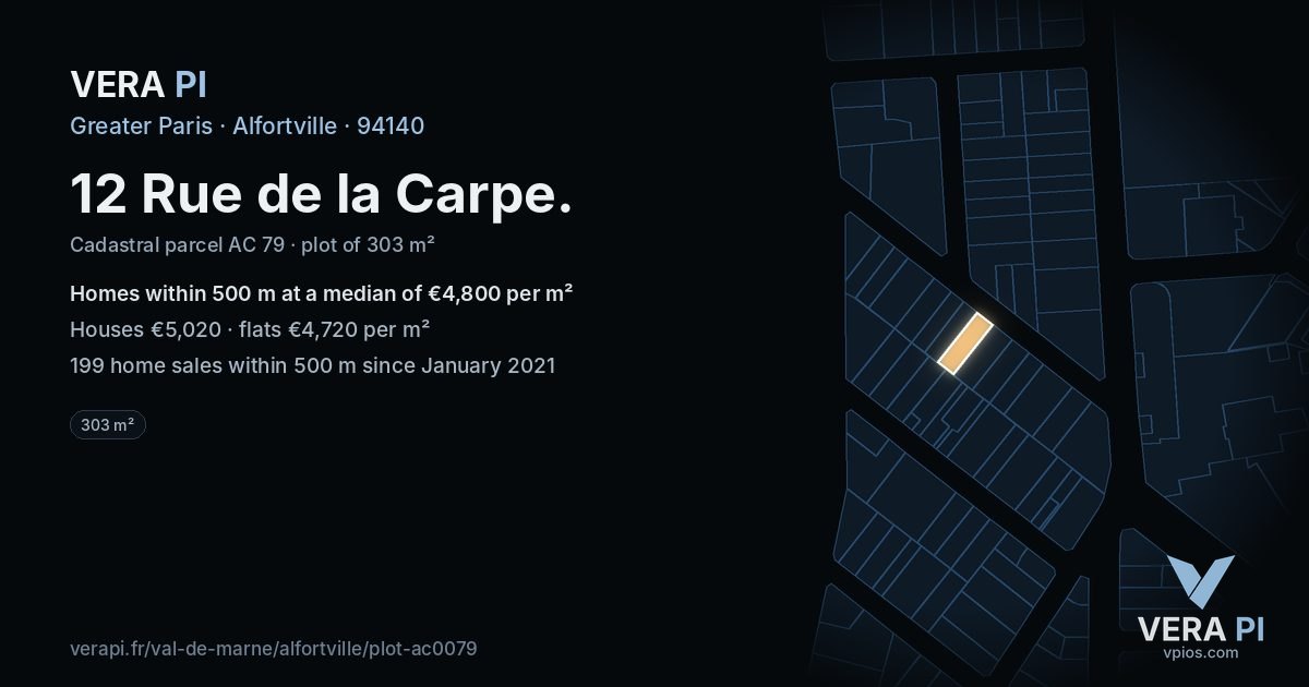 12 Rue de la Carpe, Alfortville at night – the plot lit, the parcels around coloured by the prices near them
