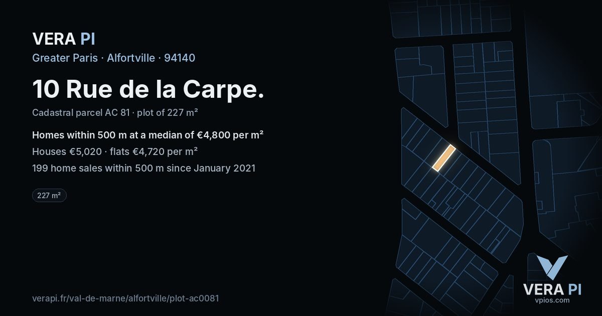 10 Rue de la Carpe, Alfortville at night – the plot lit, the parcels around coloured by the prices near them