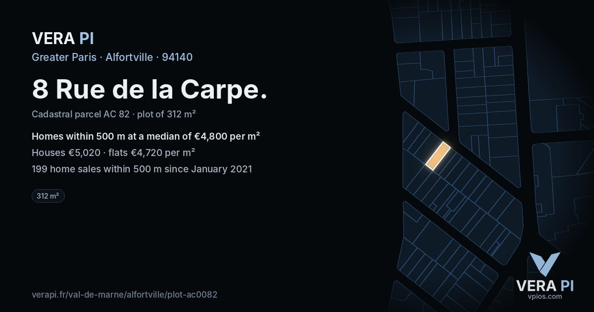 8 Rue de la Carpe, Alfortville at night – the plot lit, the parcels around coloured by the prices near them