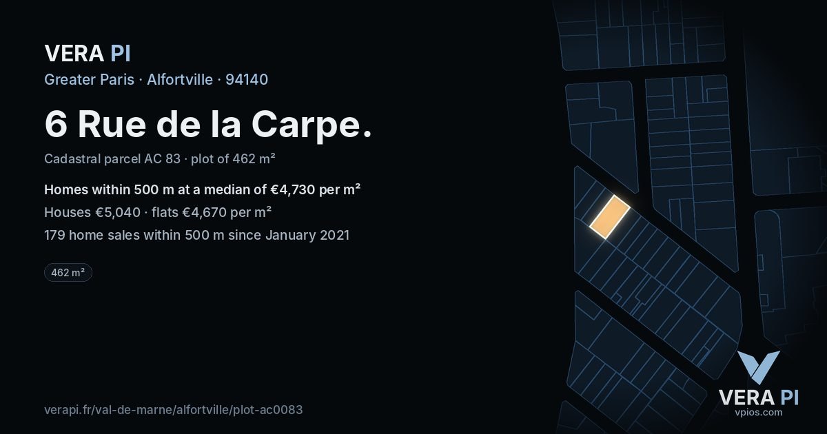 6 Rue de la Carpe, Alfortville at night – the plot lit, the parcels around coloured by the prices near them