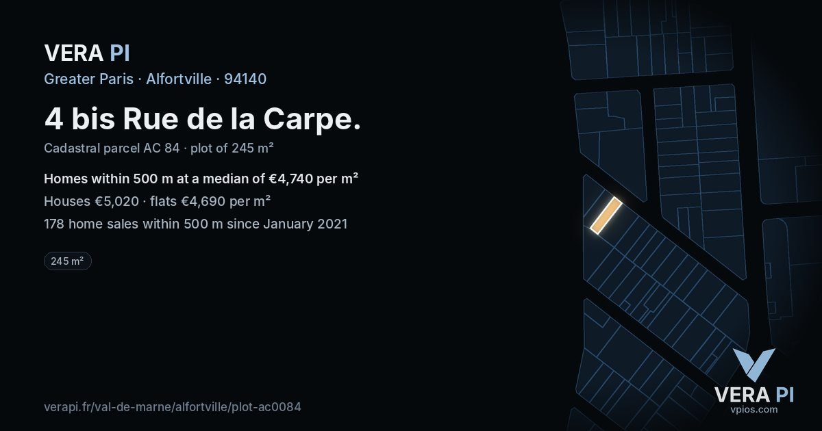 4 bis Rue de la Carpe, Alfortville at night – the plot lit, the parcels around coloured by the prices near them
