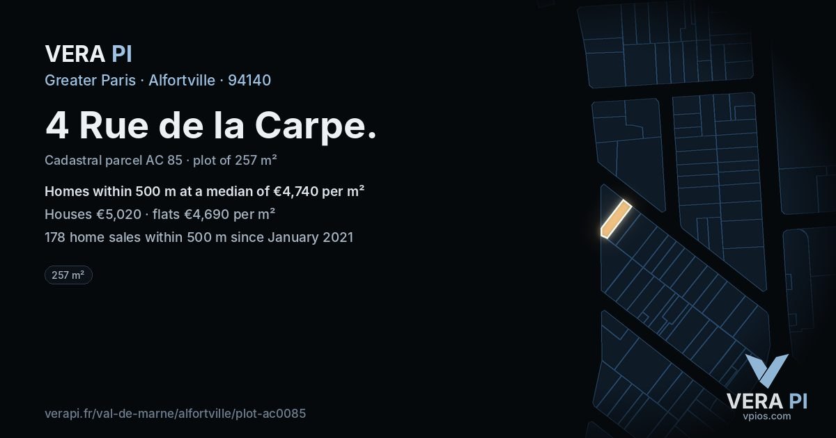 4 Rue de la Carpe, Alfortville at night – the plot lit, the parcels around coloured by the prices near them