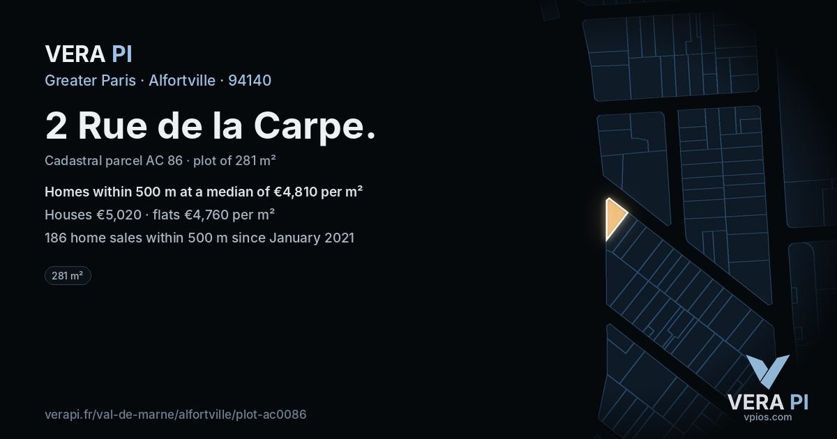 2 Rue de la Carpe, Alfortville at night – the plot lit, the parcels around coloured by the prices near them