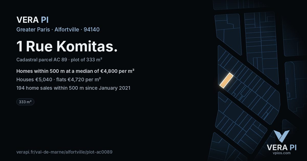 1 Rue Komitas, Alfortville at night – the plot lit, the parcels around coloured by the prices near them