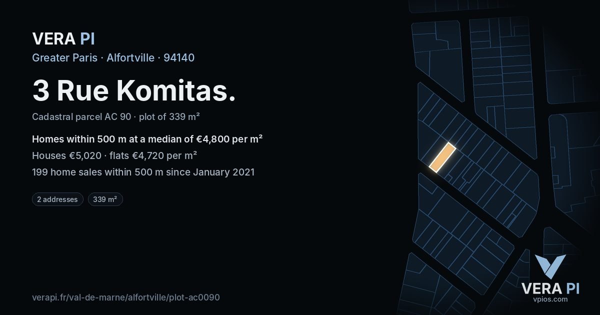 3 Rue Komitas, Alfortville at night – the plot lit, the parcels around coloured by the prices near them