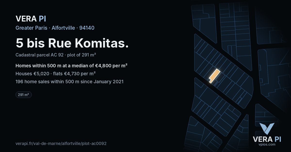 5 bis Rue Komitas, Alfortville at night – the plot lit, the parcels around coloured by the prices near them