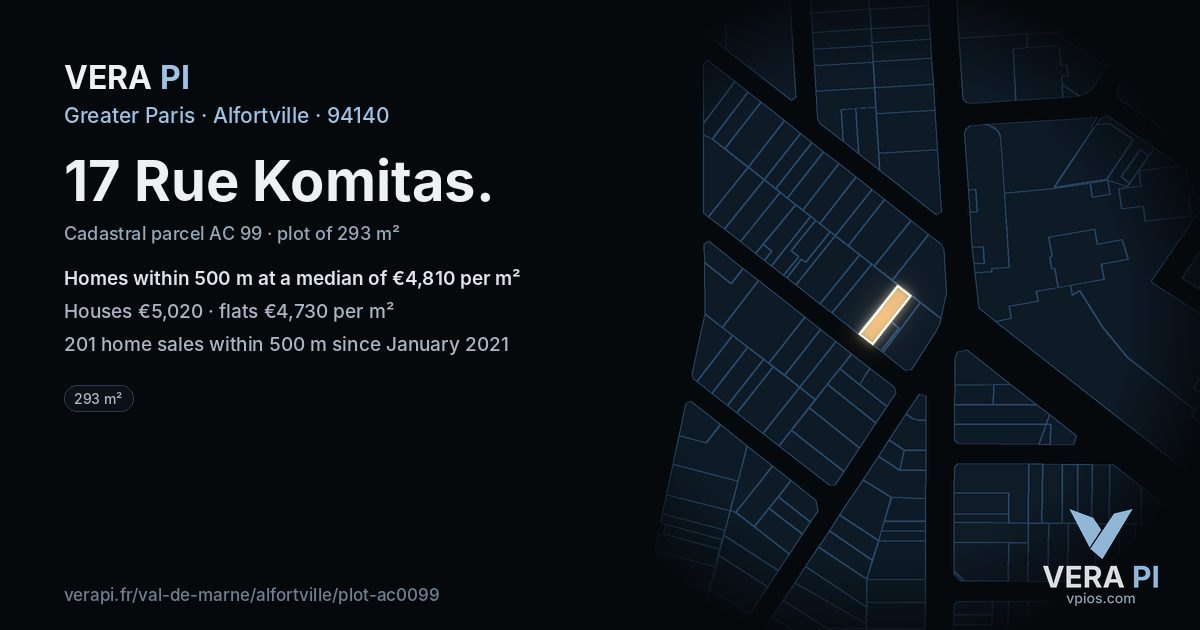 17 Rue Komitas, Alfortville at night – the plot lit, the parcels around coloured by the prices near them