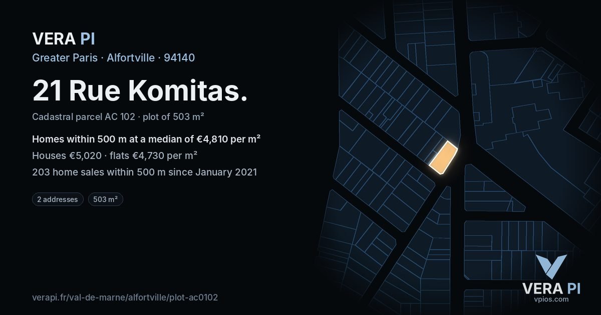 21 Rue Komitas, Alfortville at night – the plot lit, the parcels around coloured by the prices near them