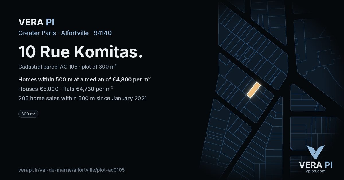 10 Rue Komitas, Alfortville at night – the plot lit, the parcels around coloured by the prices near them