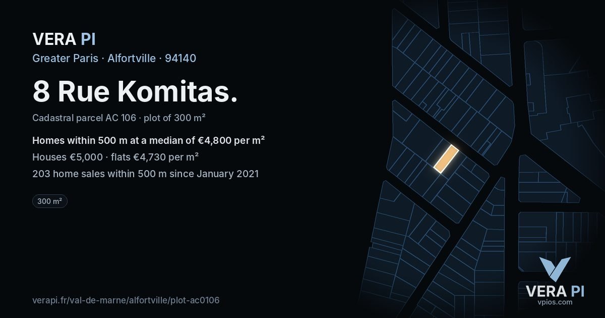 8 Rue Komitas, Alfortville at night – the plot lit, the parcels around coloured by the prices near them