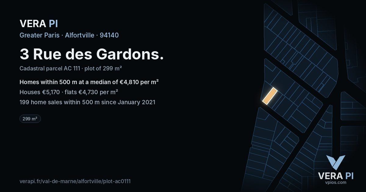 3 Rue des Gardons, Alfortville at night – the plot lit, the parcels around coloured by the prices near them