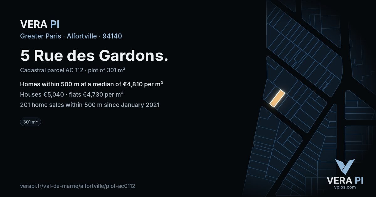5 Rue des Gardons, Alfortville at night – the plot lit, the parcels around coloured by the prices near them