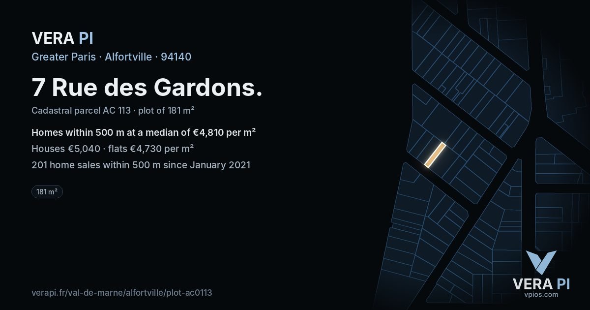 7 Rue des Gardons, Alfortville at night – the plot lit, the parcels around coloured by the prices near them