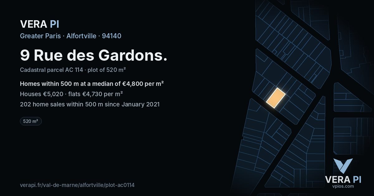 9 Rue des Gardons, Alfortville at night – the plot lit, the parcels around coloured by the prices near them
