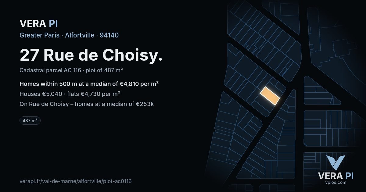27 Rue de Choisy, Alfortville at night – the plot lit, the parcels around coloured by the prices near them