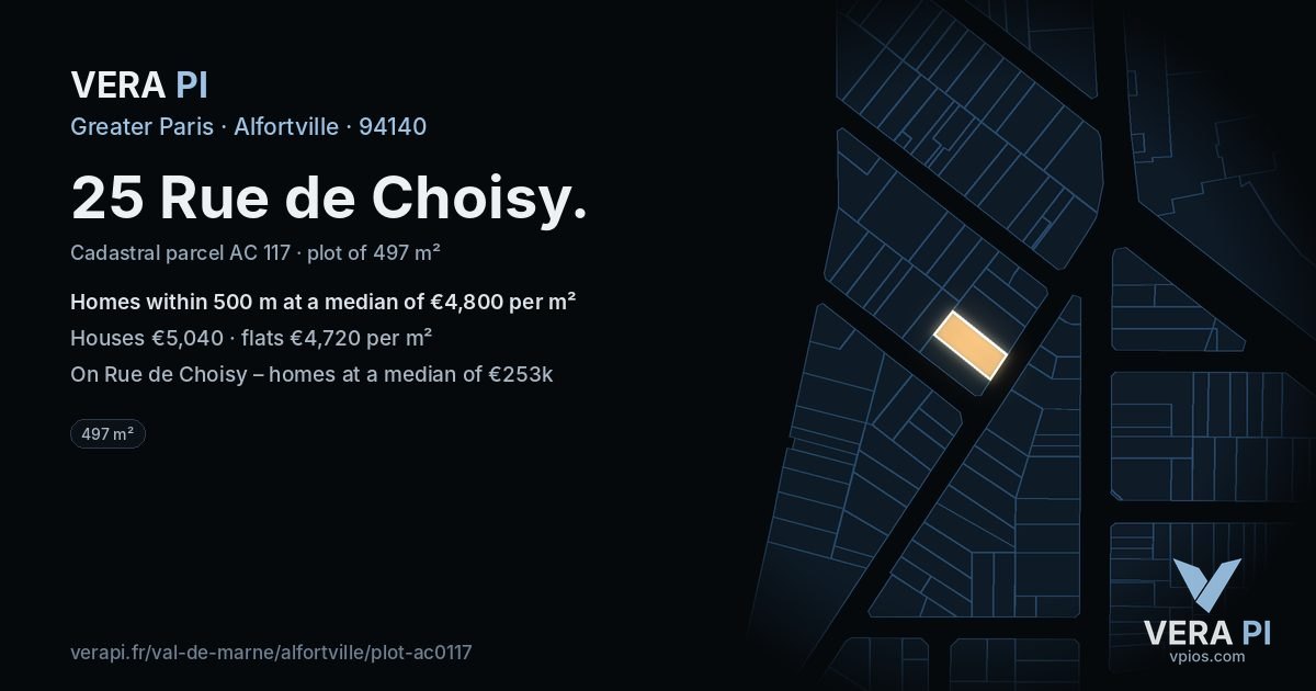 25 Rue de Choisy, Alfortville at night – the plot lit, the parcels around coloured by the prices near them