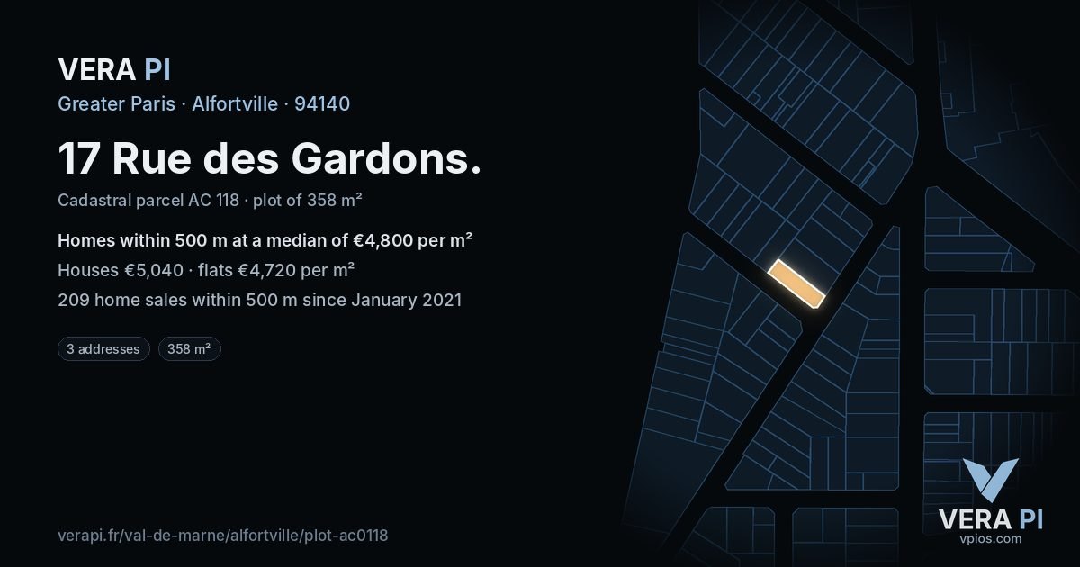 17 Rue des Gardons, Alfortville at night – the plot lit, the parcels around coloured by the prices near them
