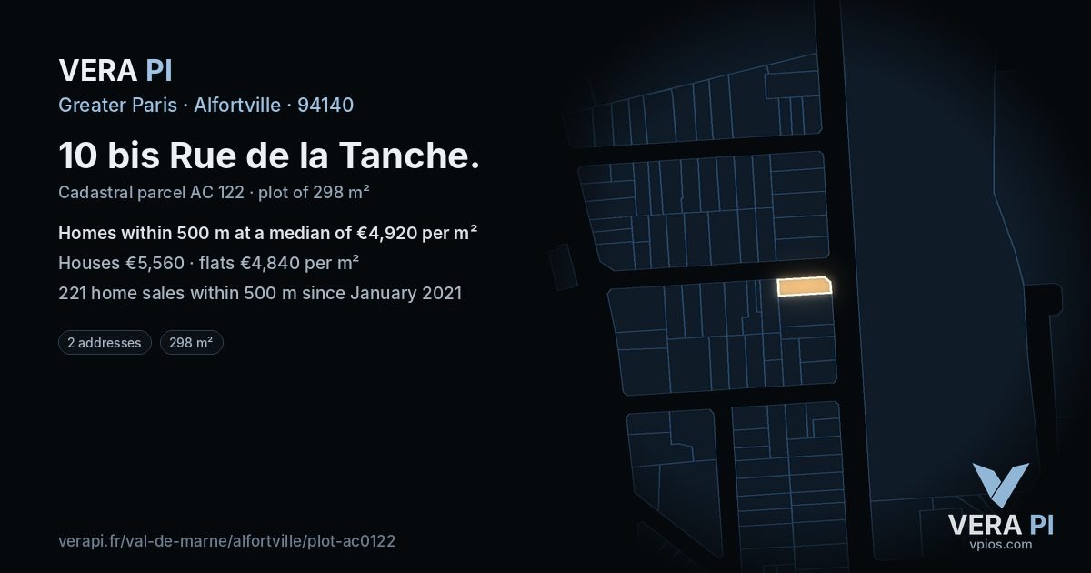 10 bis Rue de la Tanche, Alfortville at night – the plot lit, the parcels around coloured by the prices near them
