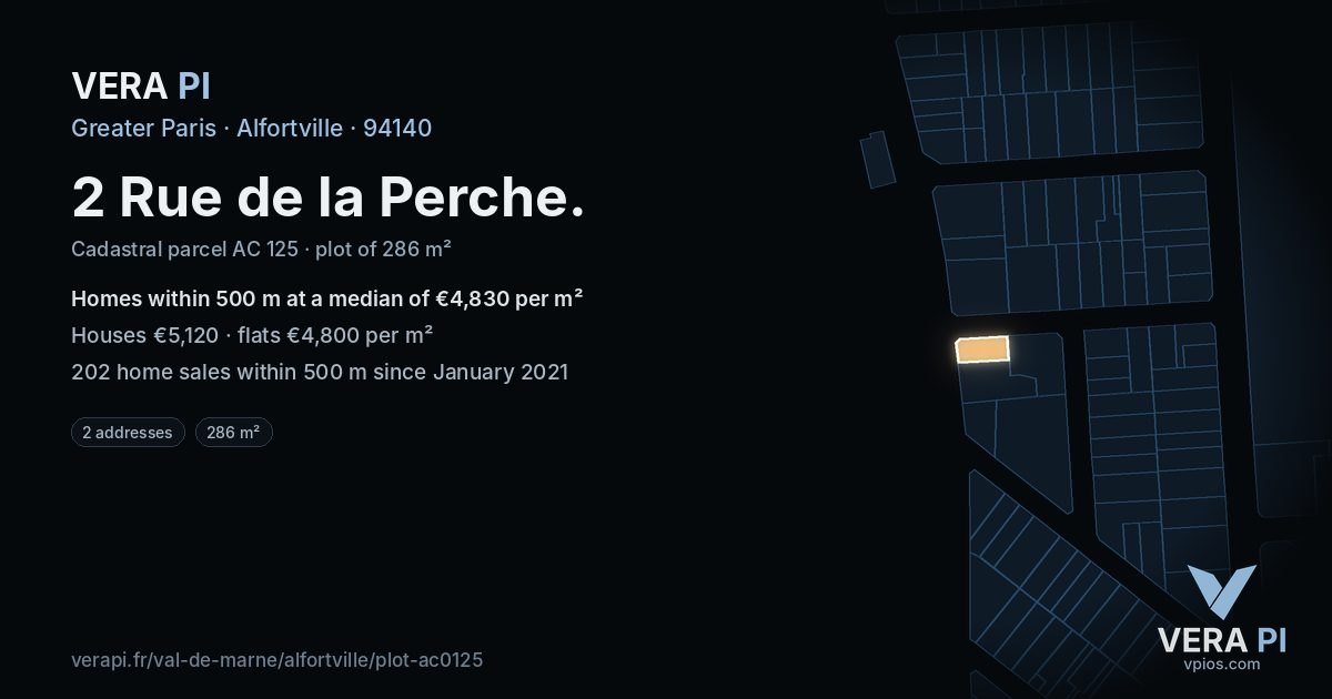 2 Rue de la Perche, Alfortville at night – the plot lit, the parcels around coloured by the prices near them
