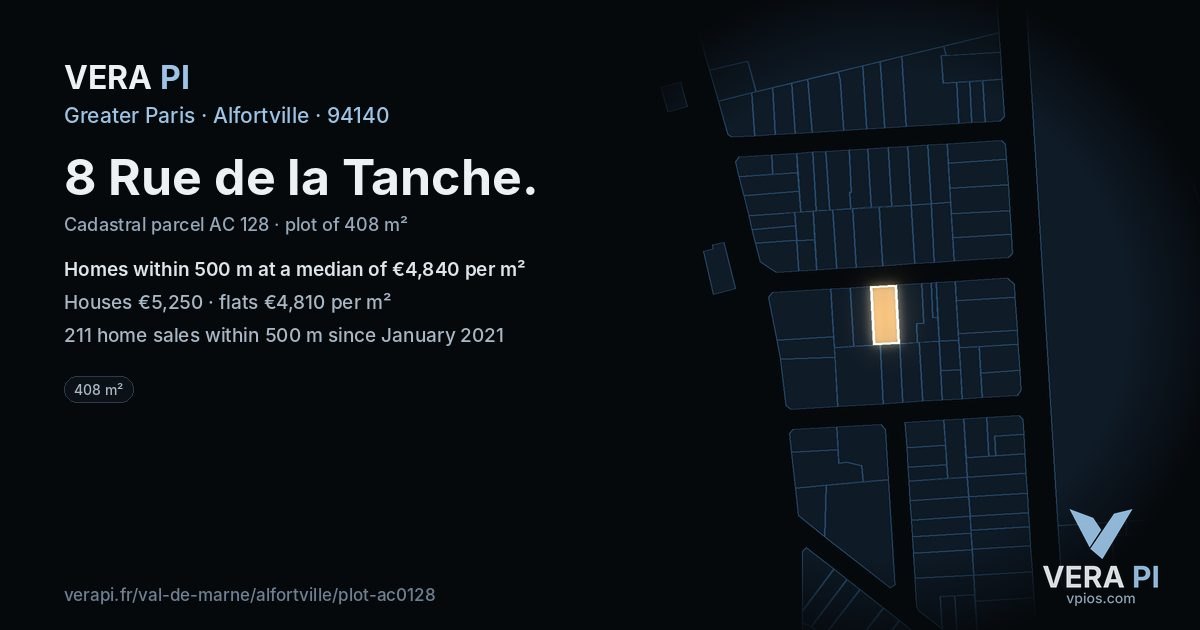 8 Rue de la Tanche, Alfortville at night – the plot lit, the parcels around coloured by the prices near them