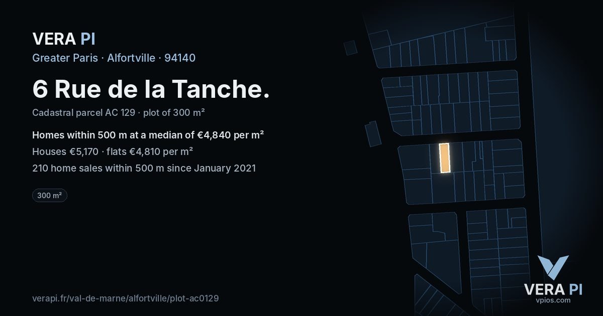 6 Rue de la Tanche, Alfortville at night – the plot lit, the parcels around coloured by the prices near them
