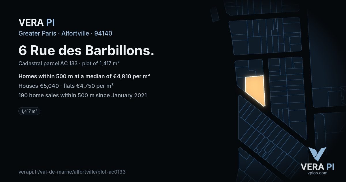 6 Rue des Barbillons, Alfortville at night – the plot lit, the parcels around coloured by the prices near them