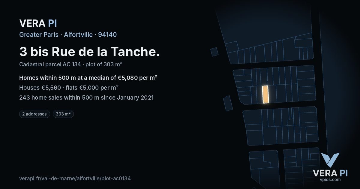 3 bis Rue de la Tanche, Alfortville at night – the plot lit, the parcels around coloured by the prices near them