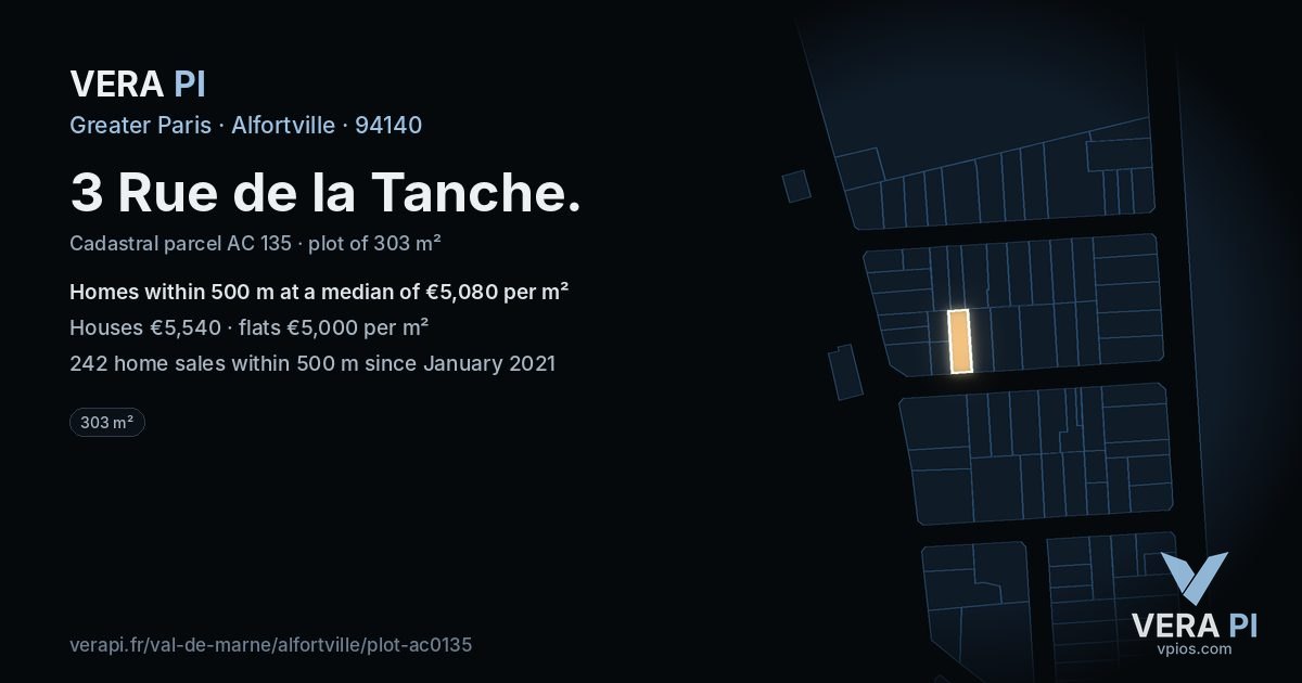 3 Rue de la Tanche, Alfortville at night – the plot lit, the parcels around coloured by the prices near them