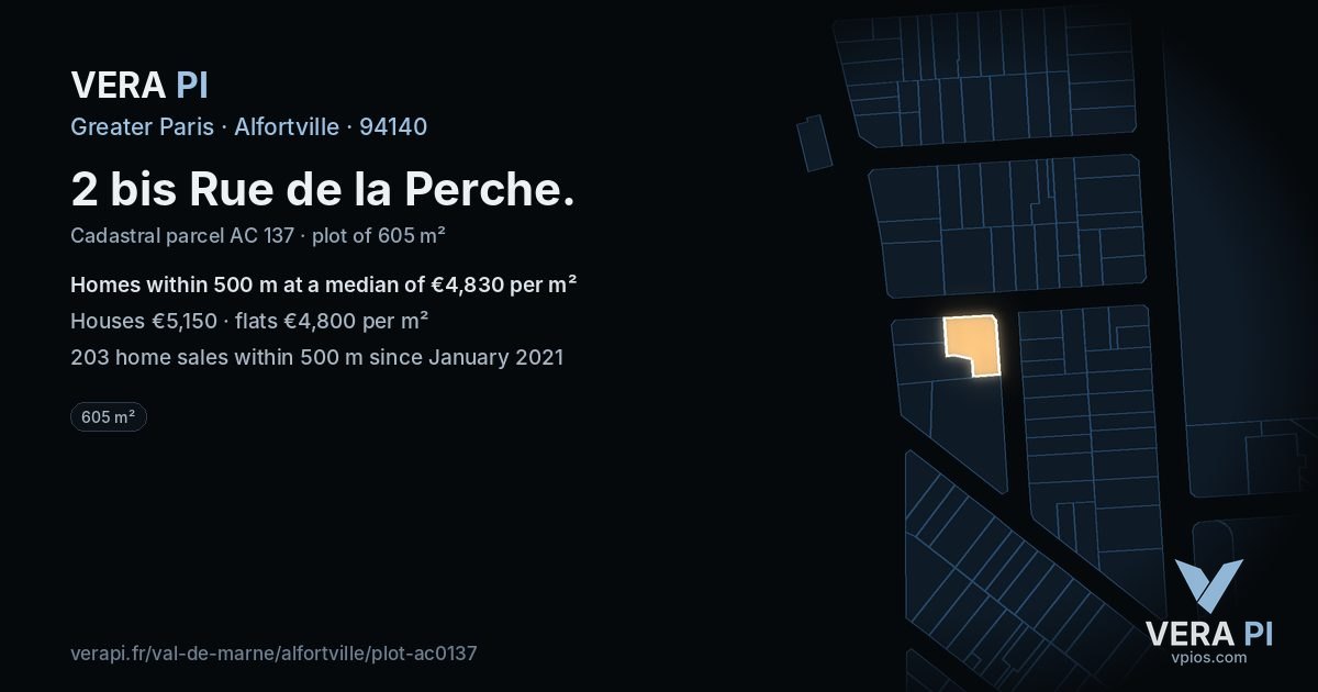 2 bis Rue de la Perche, Alfortville at night – the plot lit, the parcels around coloured by the prices near them