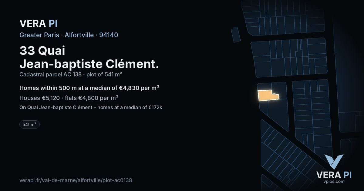 33 Quai Jean-baptiste Clément, Alfortville at night – the plot lit, the parcels around coloured by the prices near them