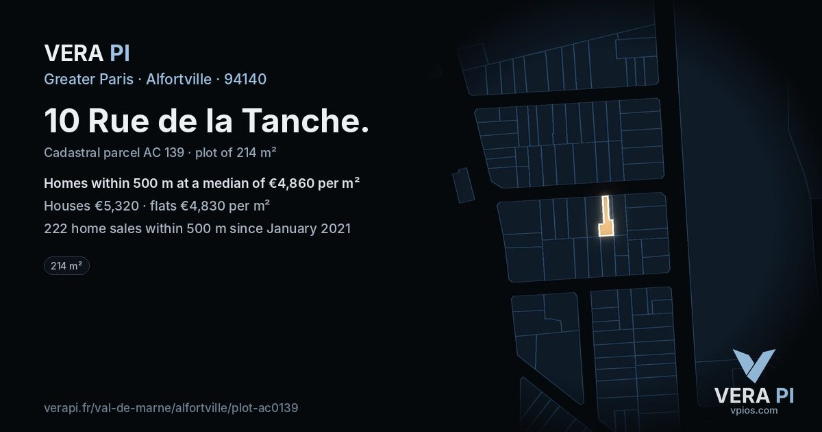 10 Rue de la Tanche, Alfortville at night – the plot lit, the parcels around coloured by the prices near them