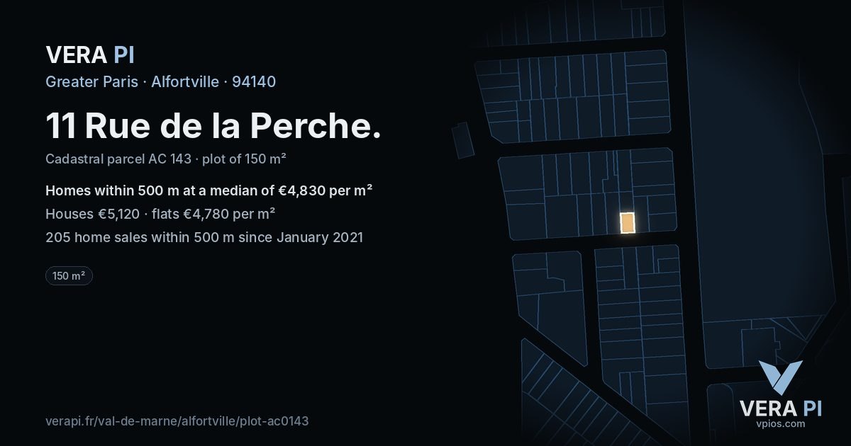 11 Rue de la Perche, Alfortville at night – the plot lit, the parcels around coloured by the prices near them