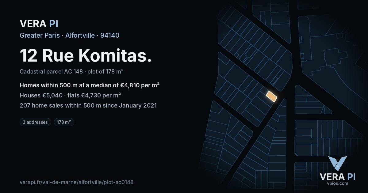 12 Rue Komitas, Alfortville at night – the plot lit, the parcels around coloured by the prices near them