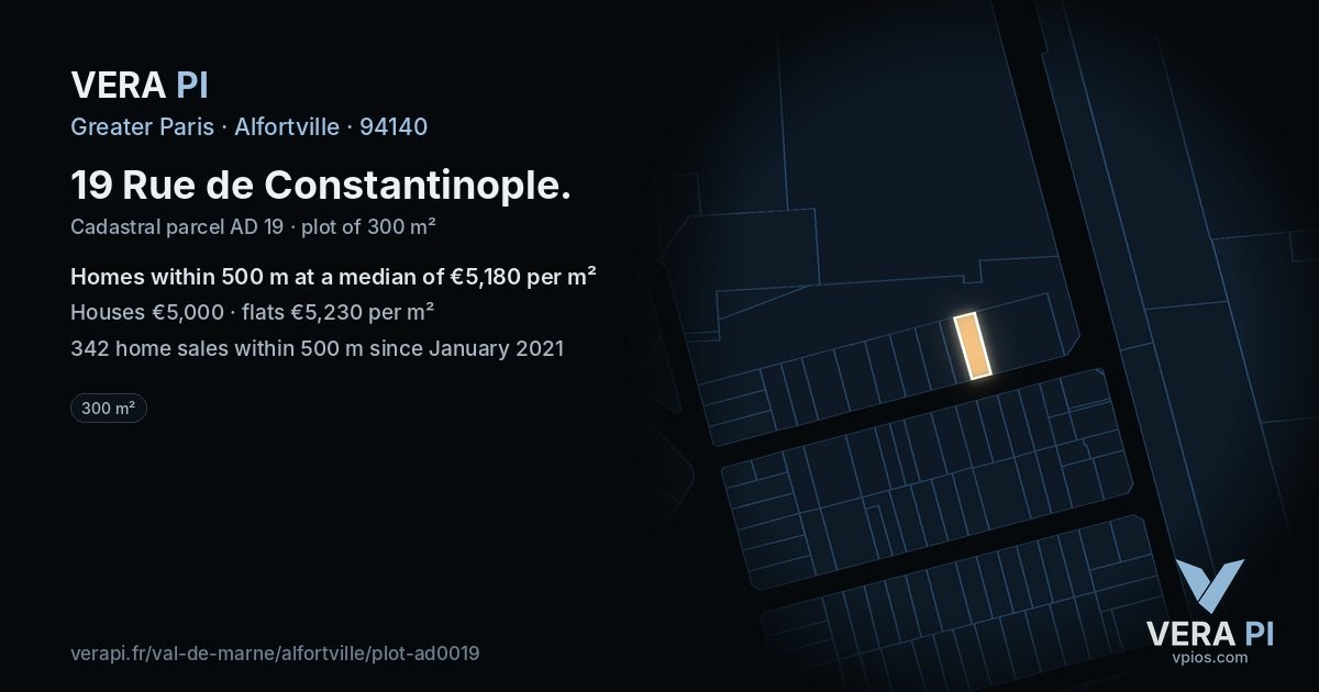 19 Rue de Constantinople, Alfortville at night – the plot lit, the parcels around coloured by the prices near them