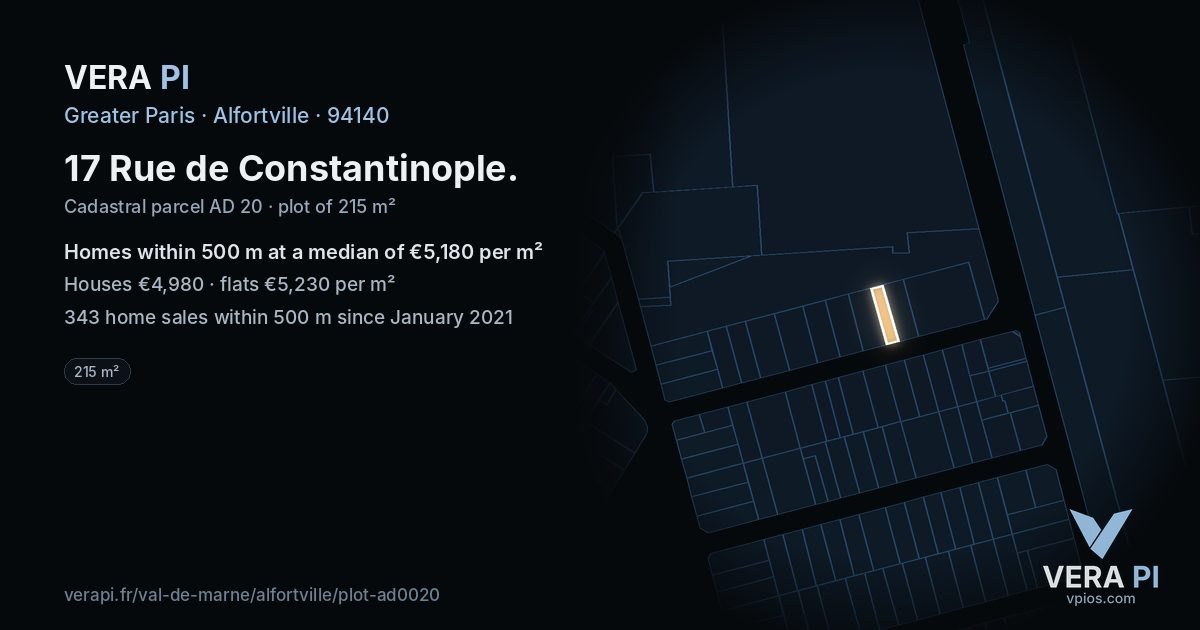 17 Rue de Constantinople, Alfortville at night – the plot lit, the parcels around coloured by the prices near them