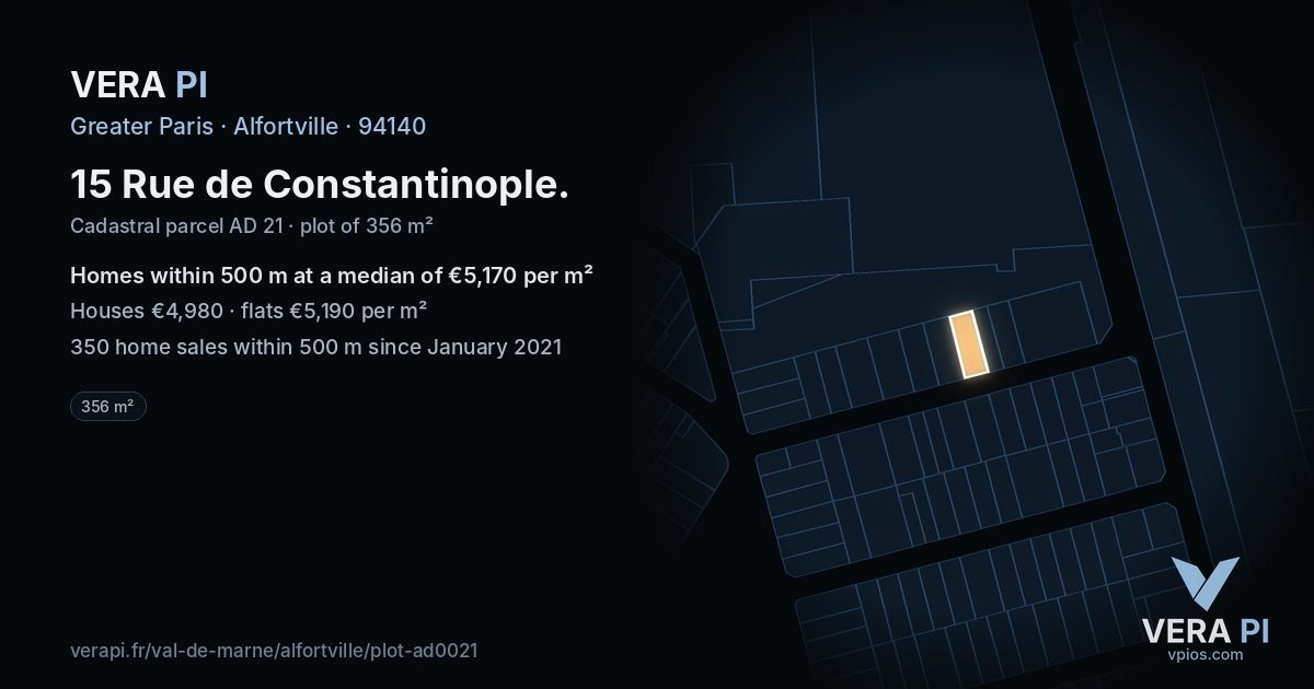15 Rue de Constantinople, Alfortville at night – the plot lit, the parcels around coloured by the prices near them