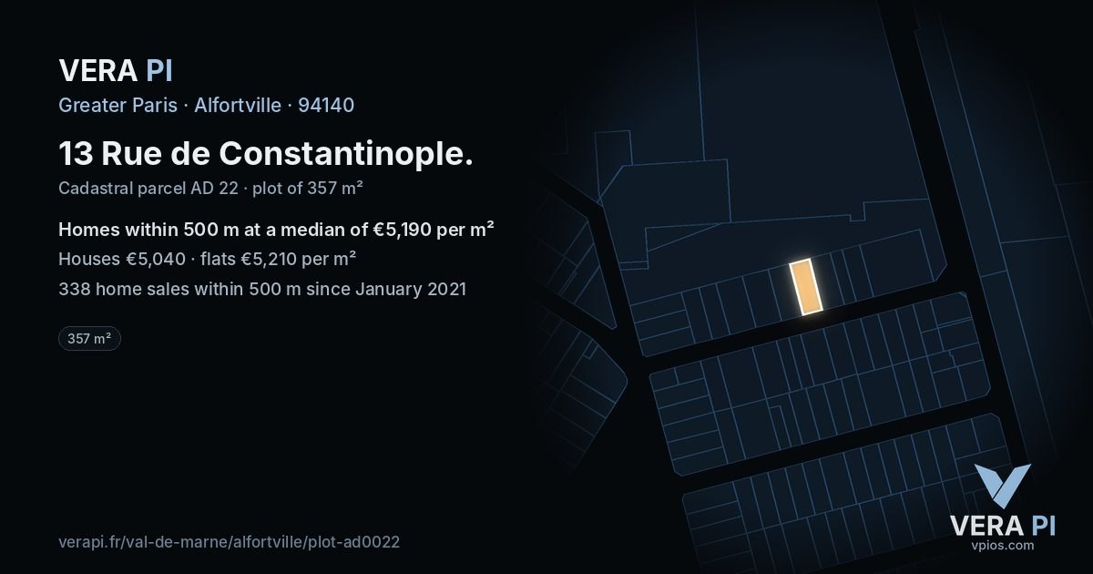 13 Rue de Constantinople, Alfortville at night – the plot lit, the parcels around coloured by the prices near them