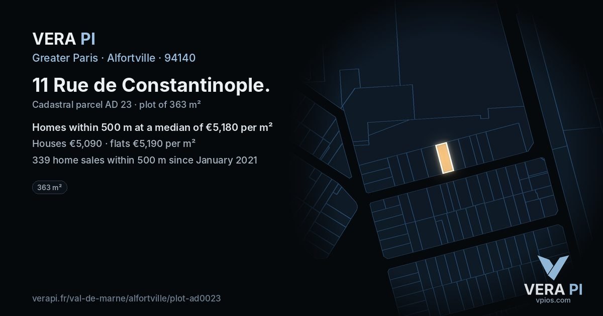11 Rue de Constantinople, Alfortville at night – the plot lit, the parcels around coloured by the prices near them
