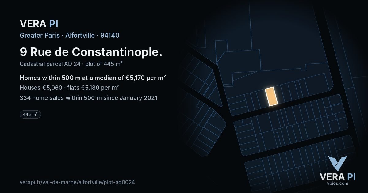 9 Rue de Constantinople, Alfortville at night – the plot lit, the parcels around coloured by the prices near them