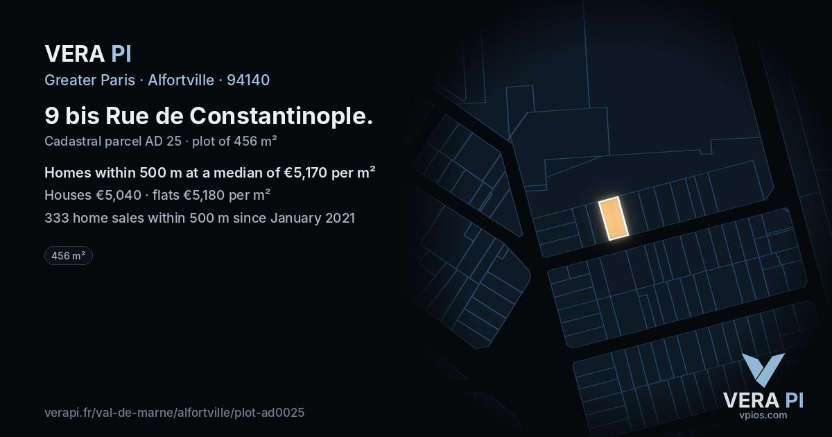 9 bis Rue de Constantinople, Alfortville at night – the plot lit, the parcels around coloured by the prices near them