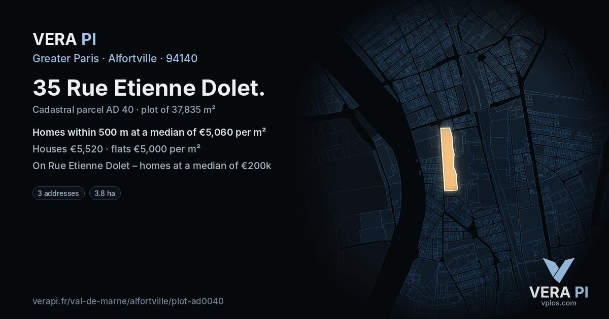35 Rue Etienne Dolet, Alfortville at night – the plot lit, the parcels around coloured by the prices near them