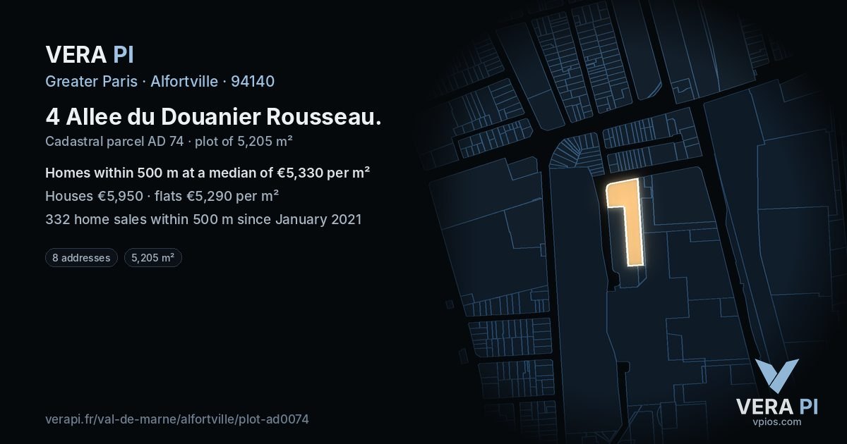 4 Allee du Douanier Rousseau, Alfortville at night – the plot lit, the parcels around coloured by the prices near them