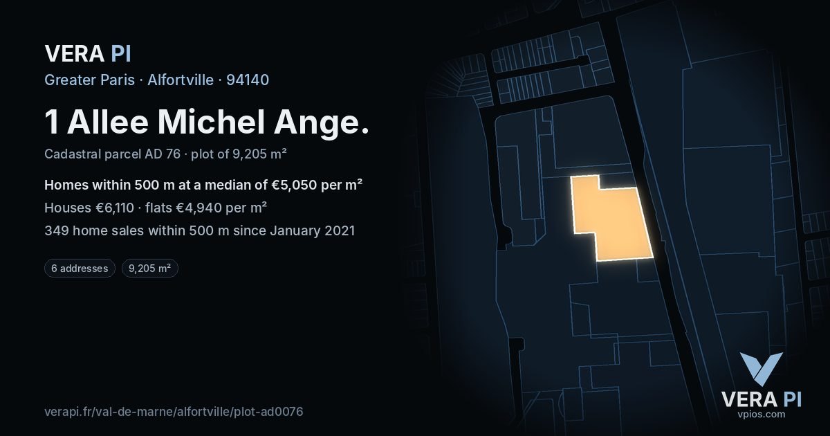 1 Allee Michel Ange, Alfortville at night – the plot lit, the parcels around coloured by the prices near them