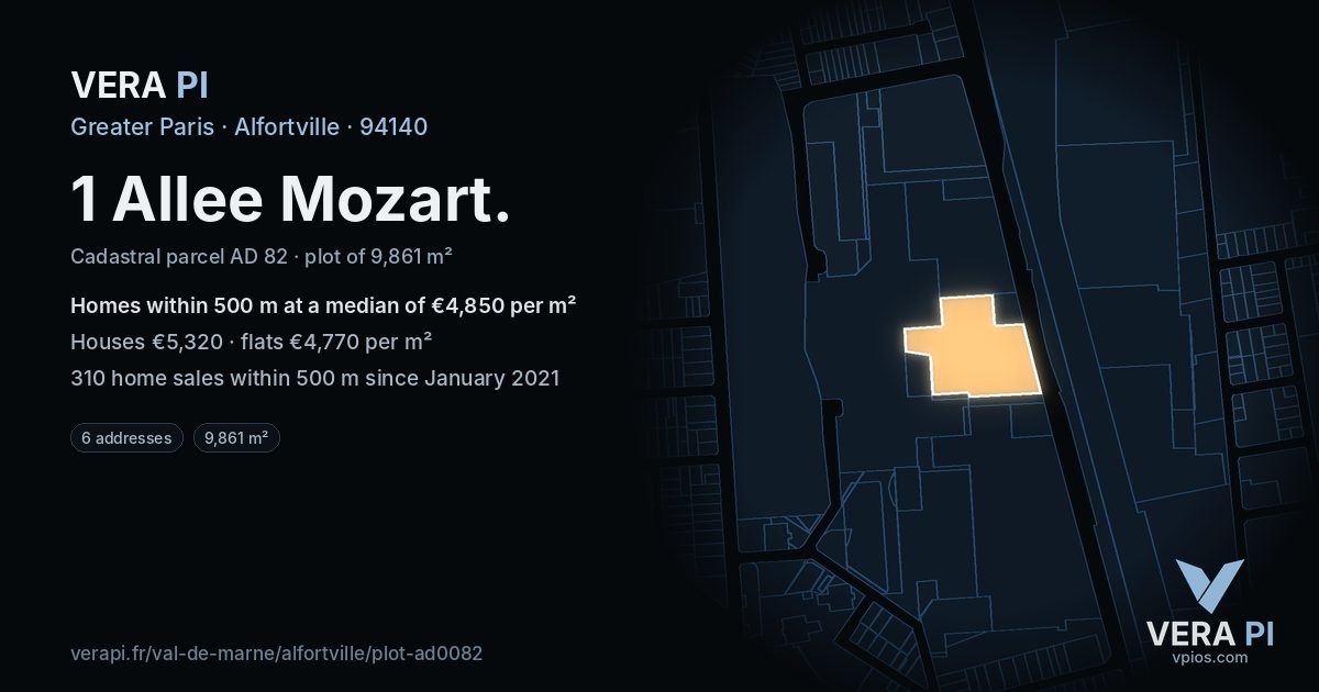 1 Allee Mozart, Alfortville at night – the plot lit, the parcels around coloured by the prices near them