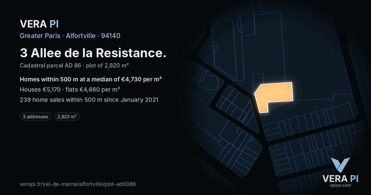 3 Allee de la Resistance, Alfortville at night – the plot lit, the parcels around coloured by the prices near them
