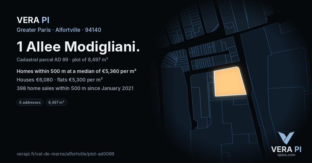 1 Allee Modigliani, Alfortville at night – the plot lit, the parcels around coloured by the prices near them
