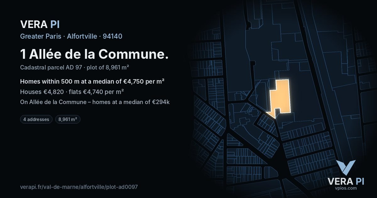 1 Allée de la Commune, Alfortville at night – the plot lit, the parcels around coloured by the prices near them